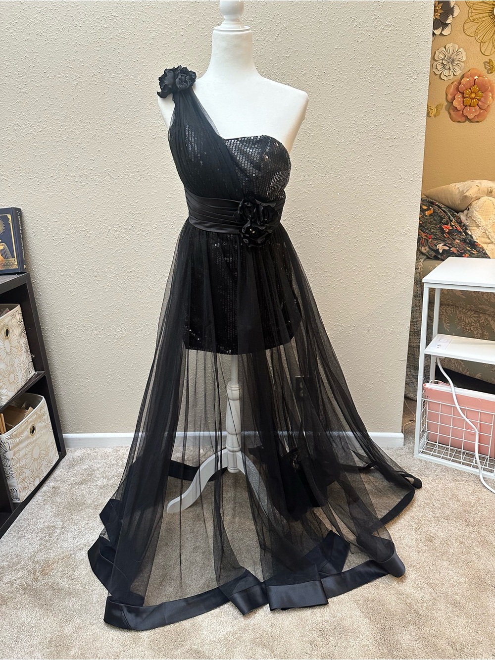Sheer Tulle Sequin Maxi Dress One Shoulder Formal Event Gown Black Tie Sz 4 HOCO